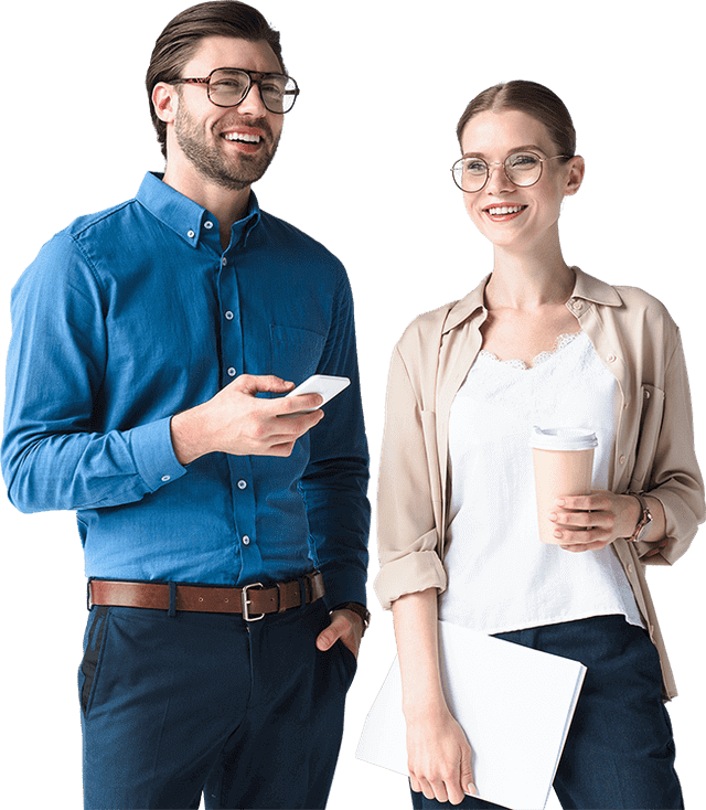 a women holding a file in her hands and a man standing besides her with a mobile. Best Digital Marketing Agency in Hyderabad